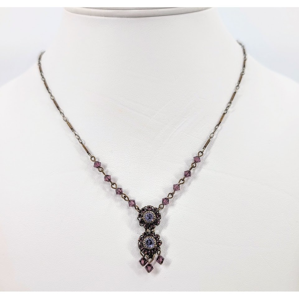 Liz Palacios Necklace Floral Purple Crystal Brass Tone Chain Victorian Revival